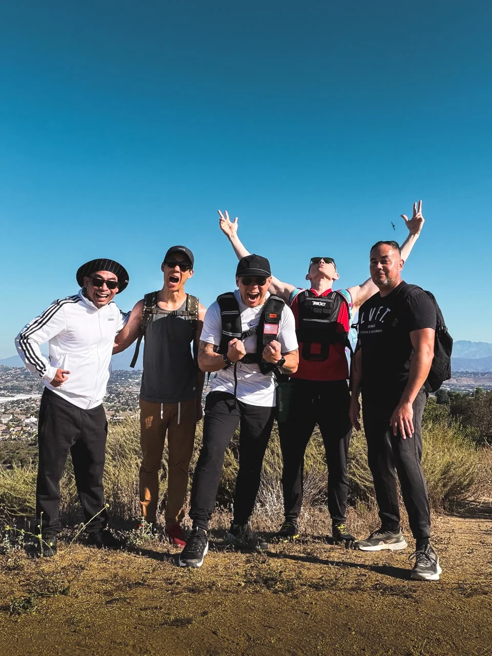 Five hikers standing together at a sunny hilltop viewpoint.