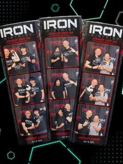 A photo-booth collage of gym community members at an Iron District event.
